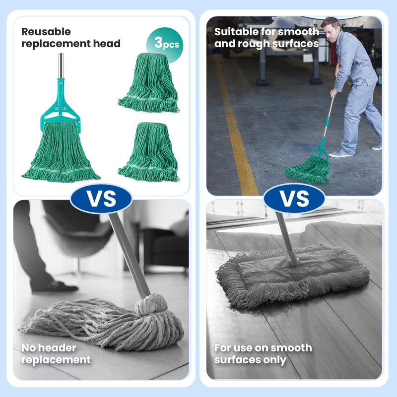 Commercial Mop with 3 Replacement Heads & 1 Handles, 64"