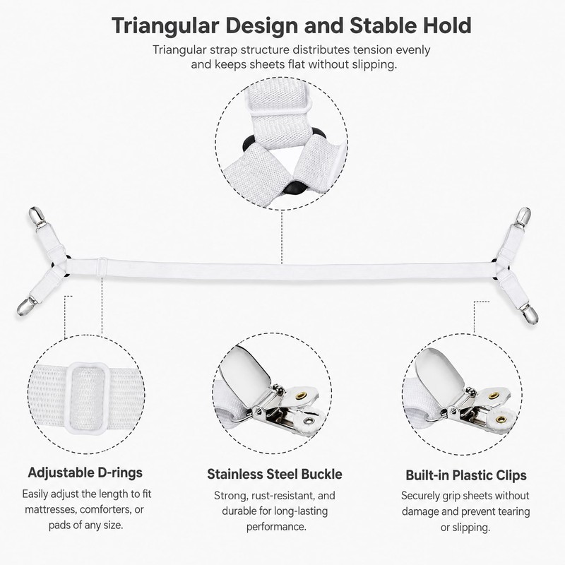 Premium Sheet Straps, Adjustable Crisscross Fitted Sheet Clips (2, White)
