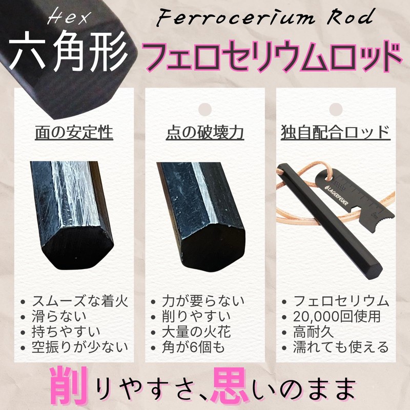 LAGERFEUER Hexa-Shaped Fire Starter, Hexagonal, Ferrocerium, Genuine Leather, Leather Cord,