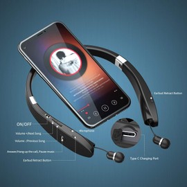 AMORNO AMORNO Foldable Bluetooth Headphones Wireless Neckband Headset with Retractable Earbuds, Sports Sweatproof Noise Cancelling Stereo Earphones with Mic