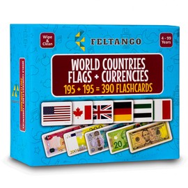 World Country Flags Flash Cards for Kids, Currency Flash Cards, 195 + 195 = 390 Educational Country Geography Games Cards