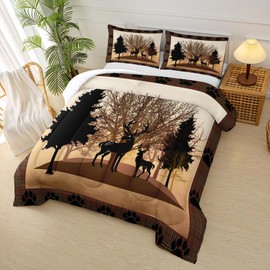 lneffble Deer Hunting Comforter Set,Hunter Brown Comforter Set Queen for Boys Girls,Rustic Wildlife Elk Bear Paw Print Woodland Bedding Set,Soft Microfiber Wild Animals Quilt Set
