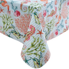Newbridge Vinyl Rectangle Tablecloth with Flannel Backing, 60 x 120 Inch, Neponsit Sea Life, Waterproof, Soil Resistant Dining Room, Party Table Cover, Starfish, Seahorses and Coral, Blue