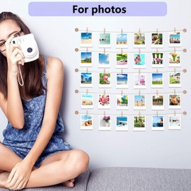 Mudder Aesthetic Dorm Room Photo Display with 50 Clip, Boho Wooden Hanging Picture String Wall Decor, Damage-free Photo Holder for Teen Girl Bedroom, College Apartment, Renter Friendly