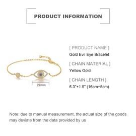 Solid 14K Gold Over 925 Silver Moissanite Evil Eye Bracelet for Women,Dainty Adjustable Evil Eye Charm Chain Bracelet,Fashion Christmas Jewelry Gift for Her (Yellow Gold, 18K Gold)