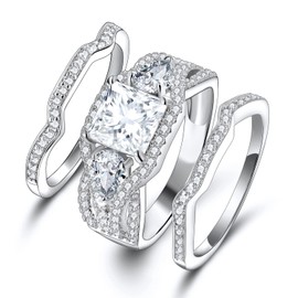 MDFUN Three-In-One Square Wedding Engagement Ring,18K White Gold Plated Cubic Zirconia Promise Eternity Ring for Women (9)