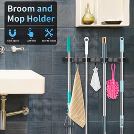 Huryfox Mop and Broom Holder Wall Mounted - Sturdy Stainless Steel Rack with Utility Hooks, 4 Racks, 3 Hooks Adjustable Design and Multiple Storage Organiser Options, Perfect for Kitchen, Laundry