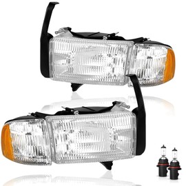 For 1994 1995 1996 1997 1998 1999 2000 2001 Dodge Ram 1500,94-02 Ram 2500 3500(Non-Sport Models) Headlamp Assembly Compatible with 94-01 Ram Head Lights Headlamp w/Bulb,Chrome Housing Clear Lens