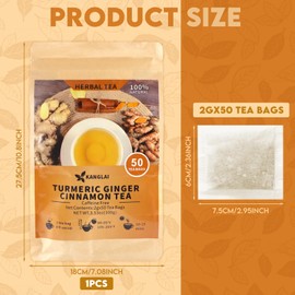 50 Bags Natural Turmeric Ginger Cinnamon Tea Bags, Premium Hand Mixed Herbal Tea Blend of Cinnamon & Ginger, 100% Natural, Vegan, Caffeine Free, Antioxidant Rich