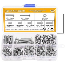 Sutemribor 180Pcs M5 Stainless Steel Button Head Hex Socket Head Cap Bolts Screws Nuts Assortment Kit + Wrench