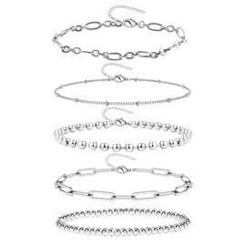 14K Gold Chain Bracelets Set for Women, Dainty Gold Paperclip Link Bead Bracelet Stake Adjustable Layered Metal Cute Fashion Jewelry(5 Pcs)