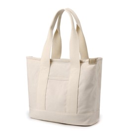 Aucuu Multi-Pocket Tote Bag, Canvas Tote Bags for Women, Crossbody Bags, Large Capacity Shoulder Bag with Zipper, Ladies Handbags for School Shopping Work Travel, White L