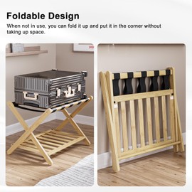Smuxee Smuxee Fully Assembled Luggage Rack for Guest Room, Upgraded Bamboo Foldable Suitcase Stand with 5 Nylon Straps, Nature Luggage Holder with Shelf for Bedroom Hotel (Nature Luggage Rack 1pcs)