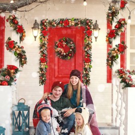 LaxMax Christmas Lighted Garland, Red and Gold Theme 6FT 20LED Pre-Lit Christmas Garland with Ball Ornaments, Flowers, Ribbons, Pine Cones and Berries for Door Stairs Mantle Christmas Decoration