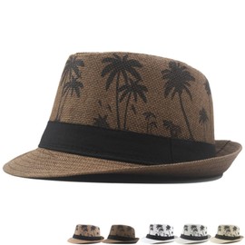 Fedora Straw Hat Jazz Hat for Men Panama Sun hat Costume Patry Cap Coconut Tree Printed for Summer Holiday Coffee