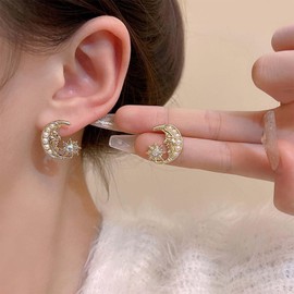 Dervivea Vintage Sun Moon Earrings Gold Crescent Stud Earrings Crystal Sun Earrings Heavenly Star Moon Earrings Jewellery for Women and Girls, Zinc, No Gemstone