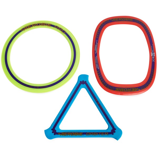 Aerobie 3-Piece Flying Ring Combo Pack with Pro Ring, Orbiter Boomerang, and Pro Blade, Lightweight Kids Toys for Disc Golf & Outdoor Games, Ages 5+
