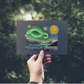 Juneau, Alaska, Starry Night, Cruise Ship and Sunset, (4x6 Birch Wood Postcards, 2-Pack Stationary, Rustic Home Wall Decor)