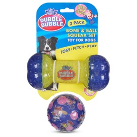 Double Bubble™ Squeaky Ball & Bone Set – 2-Pack Durable Dental Toys for Dogs – Classic Tootsie Fun!