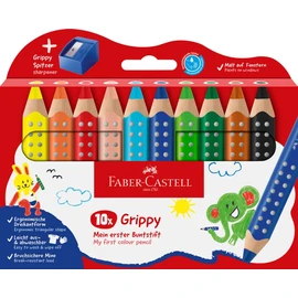 Faber-Castell 110636 Set Grippy, 10 Jumbo Buntstifte für Kleinkinder, leicht abwaschbare Malstifte für Kinder, ergonomische dreieckige Form, dicke Buntstifte, 10mm dicke Mine, Anspitzer Inklusive