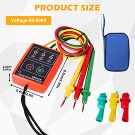 Vegena Phase Tester Rotary Field Meter Ac60 V ~ 600 V with Crocodile Clips Buzzer Tester Displays Digital Phase Rotation Indicator 3 Phase Sequence Presence Rotation Tester Contactless Rotary Field