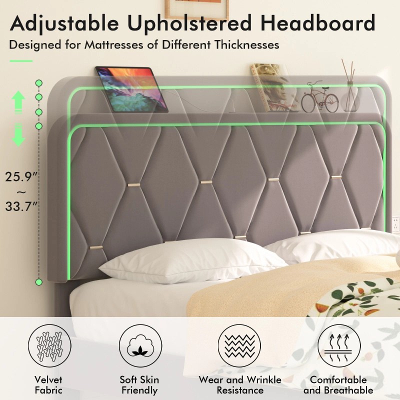 Vecelo Bed Frame with LED Light USB Ports Queen Full