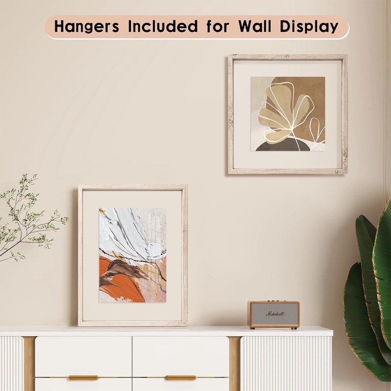 MUYE 12x12 Floating Frame Distressed Beige White Wood Pattern,Double Glass