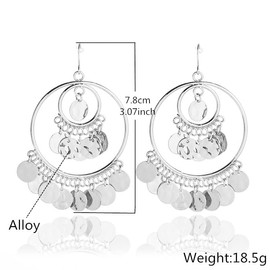 Bohemian Chandelier Tassel Sequins Dangle Drop Earrings Gold Filigree Earrings Coin Disc Hoop Earrings for Women Statement Jewelry-silver coin