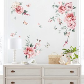 decalmile Peony Flower Wall Stickers Pink Blossom Floral Butterfly Wall Decals Girls Bedroom Living Room TV Sofa Wall Decor