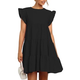 ihot Women Summer Cotton Tunic Mini Dress Round Neck Casual Loose Flowy Swing Pleated Babydoll Dresses with Pockets- Black-XL