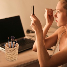 Operitacx Rattan Pencil Holder Wicker Pen Cup Handmade Makeup Brushes Holder Woven Desk Organizer for Office Home Desktop Kitchen Utensil Cutlery Container