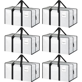 6 Pack Extra Heavy Duty Large Moving Bags with Strong Zipper & Comfortable Handles, Sturdy & Durable Clothes Storage Bags Totes Bins, Packing Moving Boxes for College Supplies, White