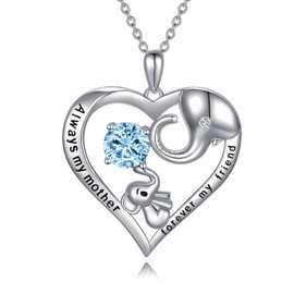 Mum Necklace Sterling Silver Love Heart Lucky Elephant Necklace with Birthstone Crystals, Birthday Mothers Day Jewellery Gifts for Mum from Daughter Son (Simulated Aquamarine)