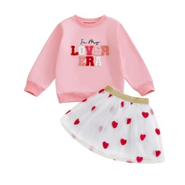 YINGISFITM Toddler Girl Valentines Day Outfit Letter Sweatshirt Love Heart Tutu Skirts Sets Little Girl Valentine Clothes (Pink, 5-6 Years)