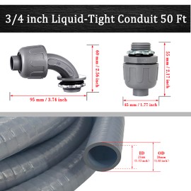 Wocloer 3/4inch 50 Foot Liquid-Tight Conduit Kit, Flexible Non Metallic Electrical Conduit and Connector Kit, With 5 Straight and 4 90-Degree Angle Connector Fittings