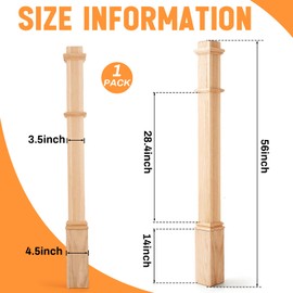 Wonderjune 56 Inch Red Oak Wood Box Newel Post Solid Wood Stair Newel Post Contemporary Style Staircase Newel Posts with Pedestal Plain Stair Railing Post Interior Wood Balusters for Stair Remodeling