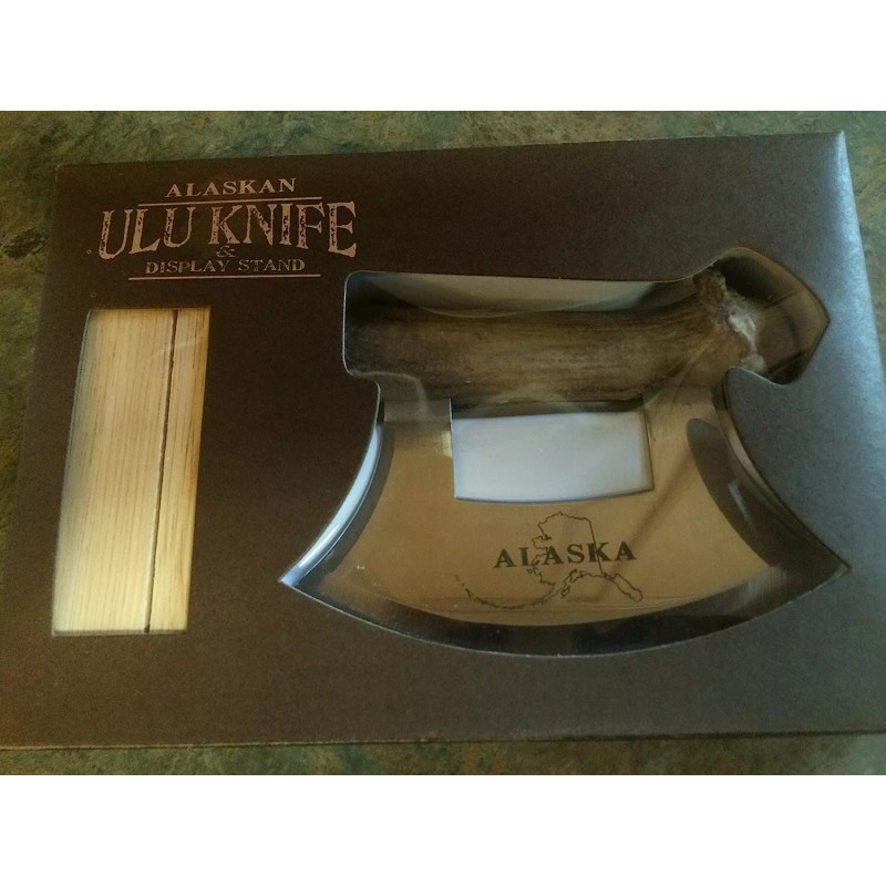 Arctic Circle Alaskan Cultured Antler Ulu Knife and Stand