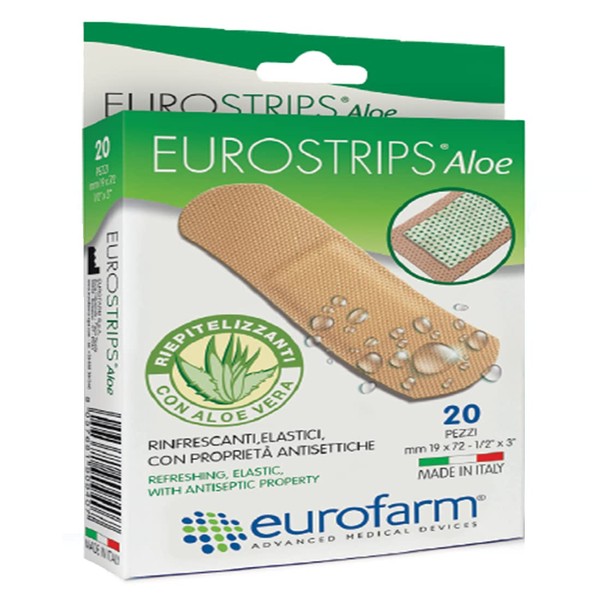 Eurostrips Aloe Adhesive Bandages 3/4 x 2 7/8 Inches with Aloe Vera Central Pad, Breathable and Hypoallergenic, Ideal for Sensitive Skin – 20 Pieces
