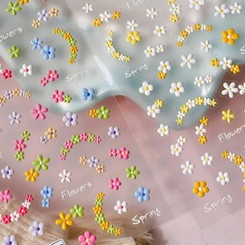 3 Sheets 5D Embossed Flower Nail Art Stickers Colorful Summer Spring Nail Stickers for Nail Art Cute Daisy Nail Decals Self Adhesive Flower Nails Supplies Spring Nail Design for Women Girls
