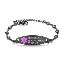Lymphedema NO BP Medical Alert ID Stainless Heart Bracelet (BLACK)