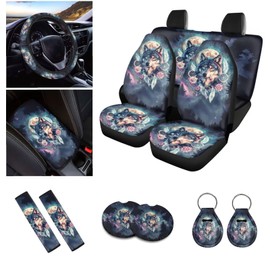 Cxdvotvy Wolf Moon Print Car Accessories Set for Women, Dream Catcher Print Soft Front and Rear Bench Seat Cover for Car, Auto Steering Wheel Cover Seat Belt Pads Cover Cup Coaster, 12 Pieces