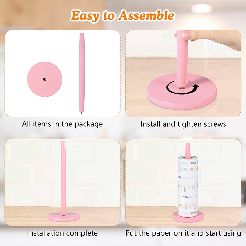 Pink Paper Towel Holder Countertop with 2 Hooks, Stainless Steel,