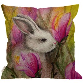 HGOD DESIGNS Rabbit Throw Pillow Cover,Spring Watercolor Rabbit in Magnolia Flowers Burlap Pillow Cases Decorative for Women Girls Boys Couch Sofa Bedroom Living Room 18x18 Inch