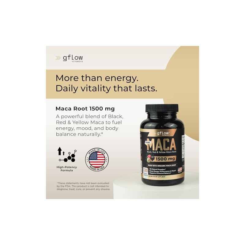 Organic Maca Root Capsules 1500mg - Made with Black, Red,