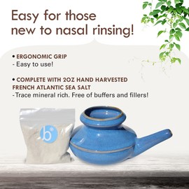 Baraka Neti Pot (Blue) Tool Kit for Home 2 oz Mineral Sea Salt Rinse for Sinus and - Handcrafted Ceramic Dishwasher Safe - Relaxing Gifts for Women - Snoring & Saline Solution