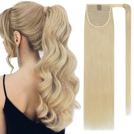 SEGO Pro Ponytail Extensions Human Hair Long Straight Ponytail Hair Extensions with Magic Paste Wrap Around Clip in Ponytail Extensions Real Human Hair,16inch #613 Bleach Blonde,80g