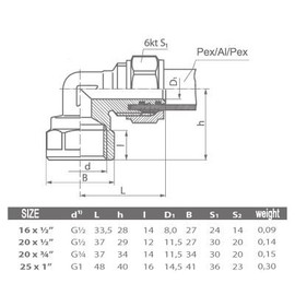 16mm PEX-AL-PEX x 1/2" FPT BRASS PIPE FITTING ELBOW