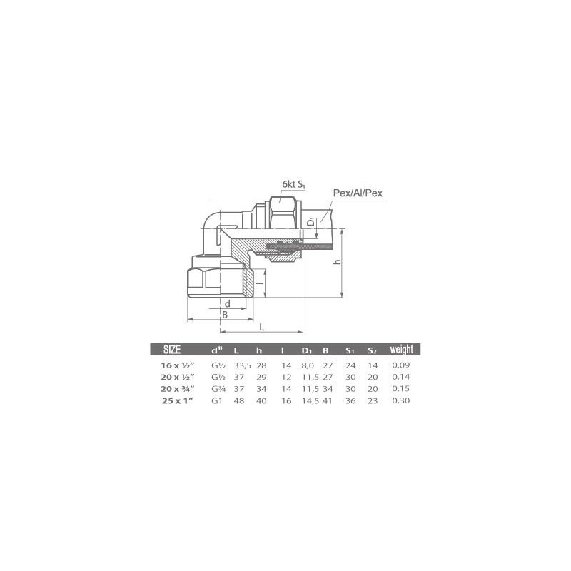 16mm PEX-AL-PEX x 1/2" FPT BRASS PIPE FITTING ELBOW
