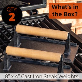 Versatile, Safe-Touch 8x4in Cast Iron Grill Weight 2pk. Perfect Meat Press With Wooden Handle for Crispy Bacon, Evenly Cooked Steak and Healthier Burgers. Great for Flat Top, Oven, Griddle and Skillet
