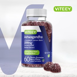 Viteey Ashwagandha Gummies with Ginseng & Lemon Balm - Mood, Calm & Stress Support Ashwagandha Supplements - Vegan, Gluten-Free - 60 Count